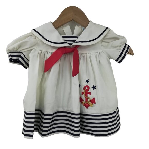 Vintage 80s Nautical Sailor Short Sleeve Embroidered Dress Size 18 M Baby Stripe - Picture 1 of 7